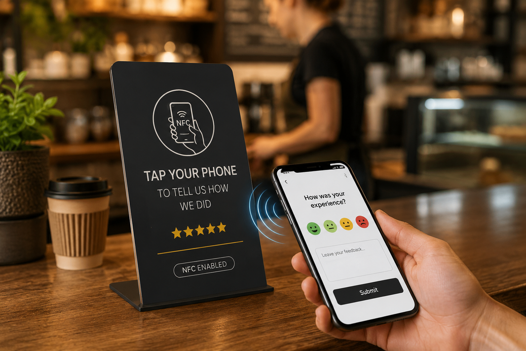 NFC display stand collecting customer feedback