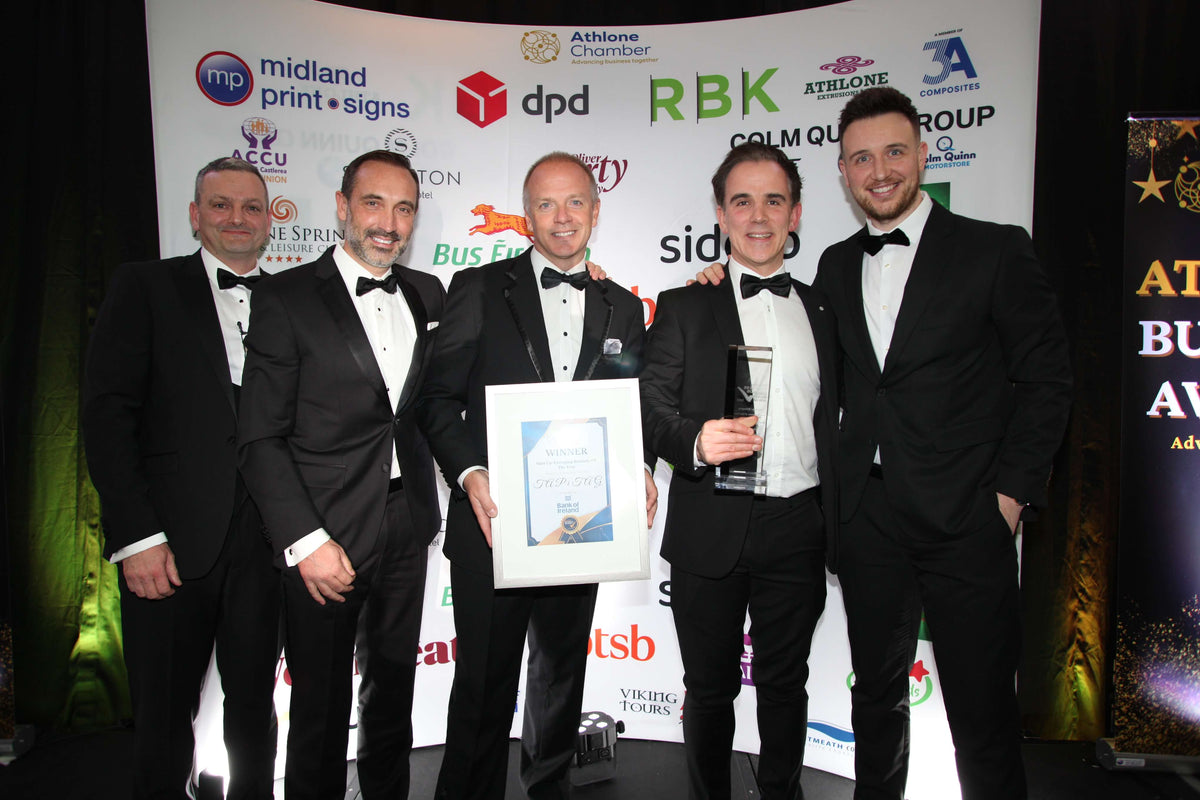 TAPiTAG win Emerging Company of the Year at Athlone Chamber Business Awards John McHugh Ivan Eustace Mark Gibbons