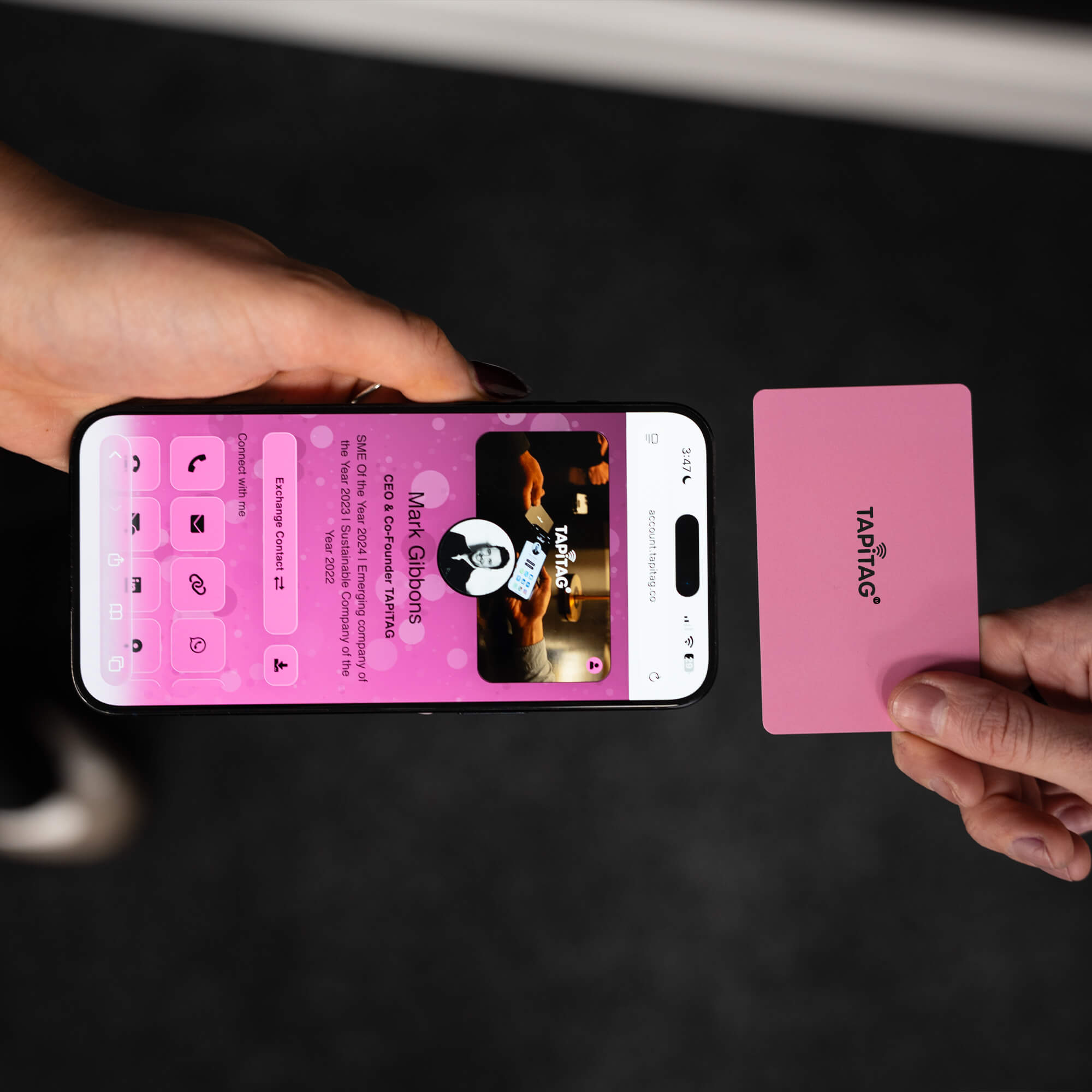 TAPiTAG Pink Digital Business Card Tapping an iPhone & sharing a TAPiTAG Profile to make a connection