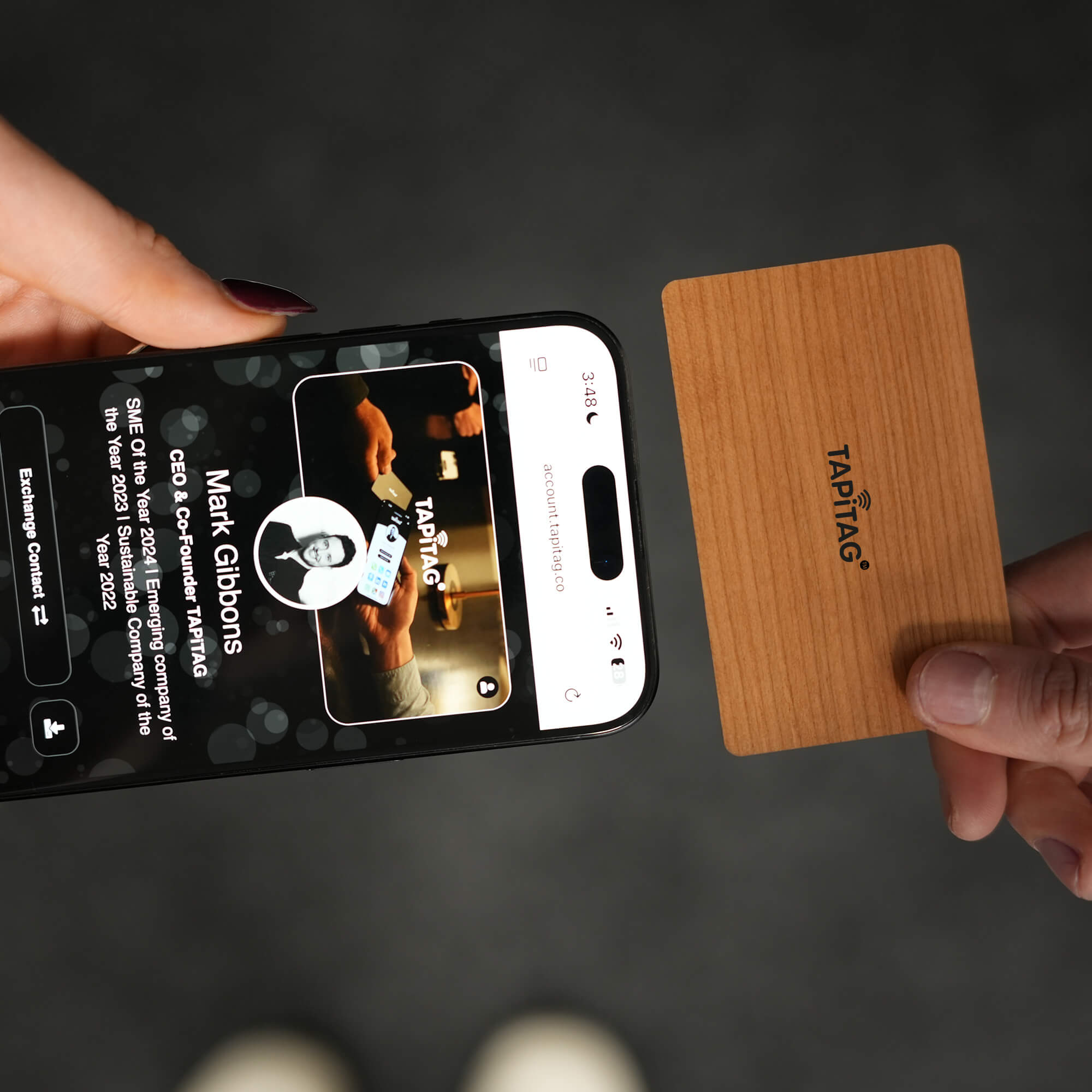 TAPiTAG Cherry Digital Business Card Tapping an iPhone & sharing a TAPiTAG Profile to make a connection