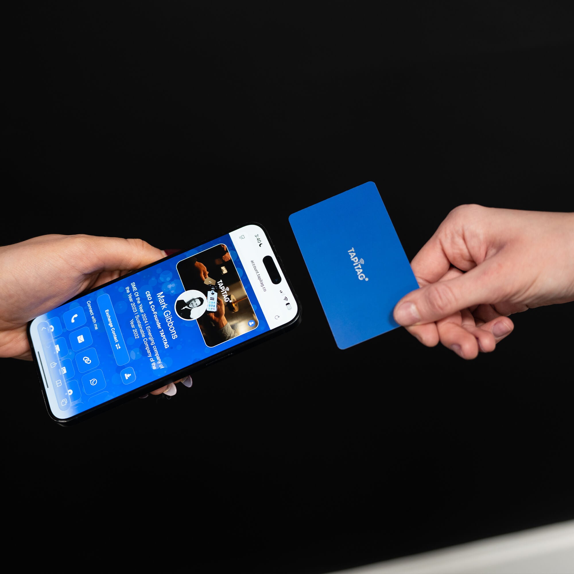 TAPiTAG Blue Digital Business Card Tapping an iPhone & sharing a TAPiTAG Profile to make a connection