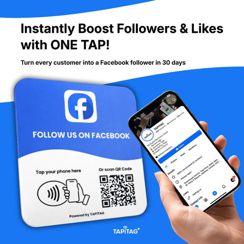 Promotional graphic for a Facebook follow-up tool with a phone and QR code on a blue background.