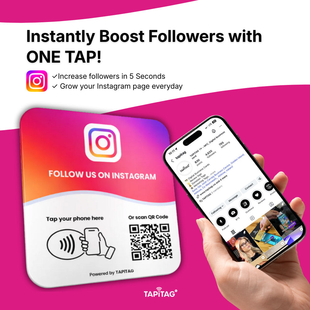 Promotional graphic for a phone app to boost Instagram followers with a QR code on a pink background.