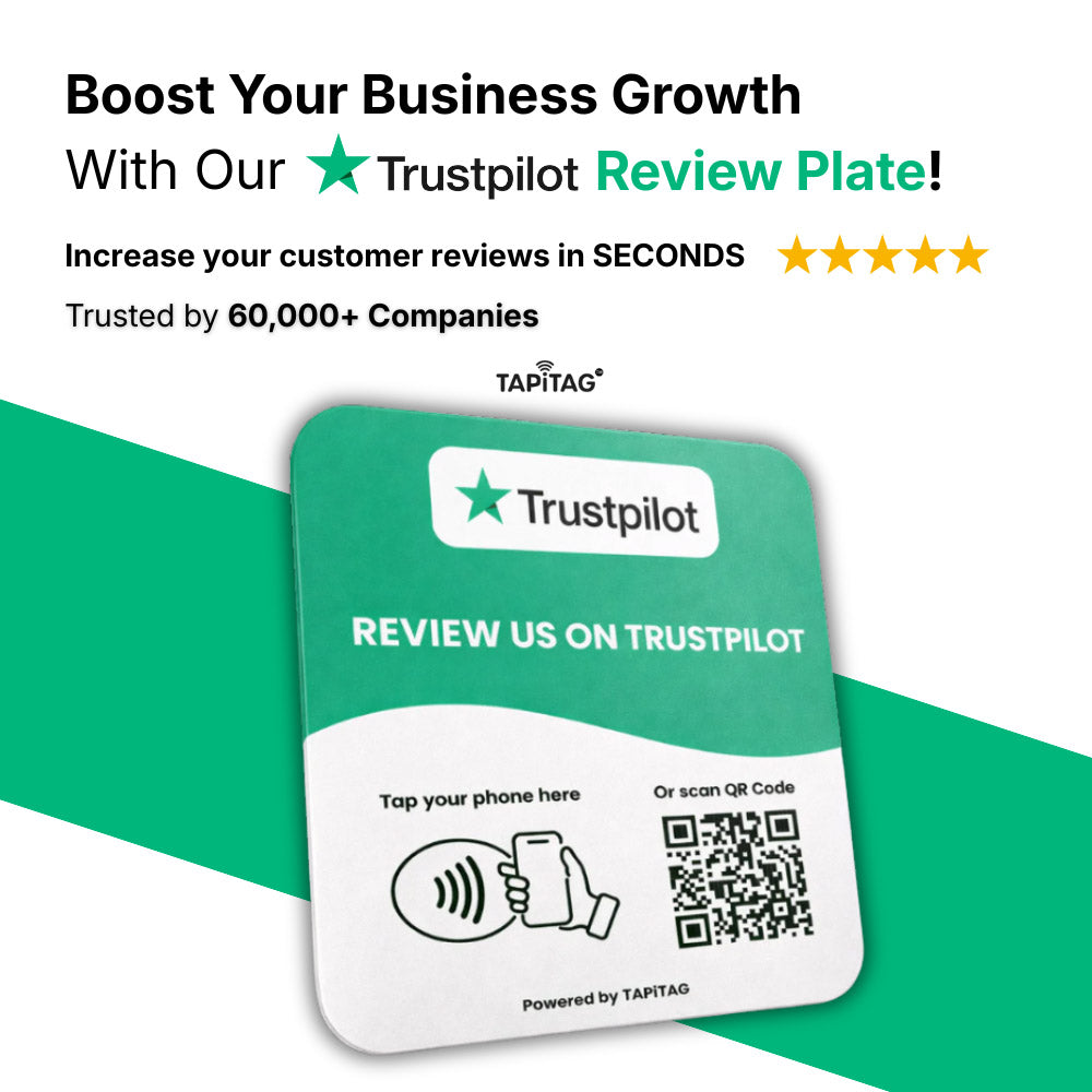 Trustpilot review plate with QR code on a green and white background