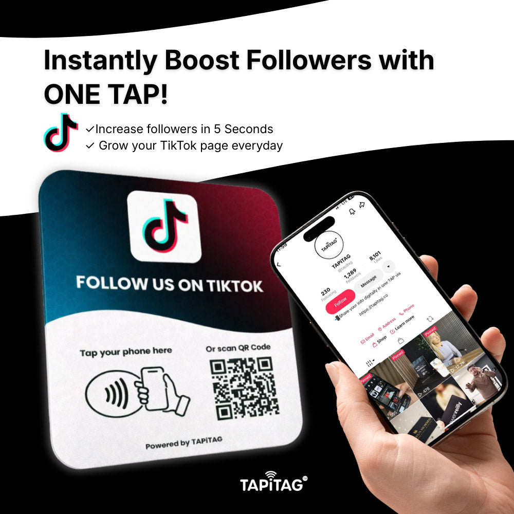 Promotional graphic for Tapitag's TikTok follower boosting service with a phone and QR code.