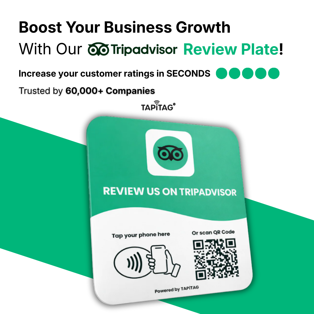 Promotional graphic for a TripAdvisor review plate with QR code on a green and white background.