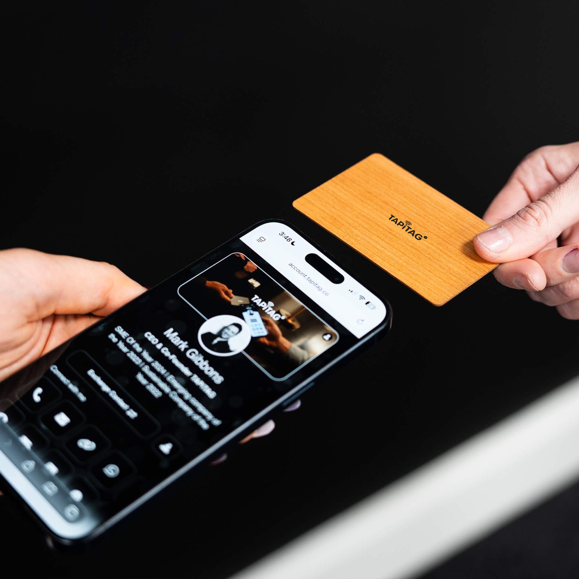 TAPiTAG Digital Business Card Tapping an iPhone & sharing a TAPiTAG Profile to make a connection
