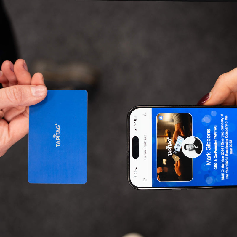TAPiTAG Blue Digital Business Card Tapping an iPhone & sharing a TAPiTAG Profile to make a connection