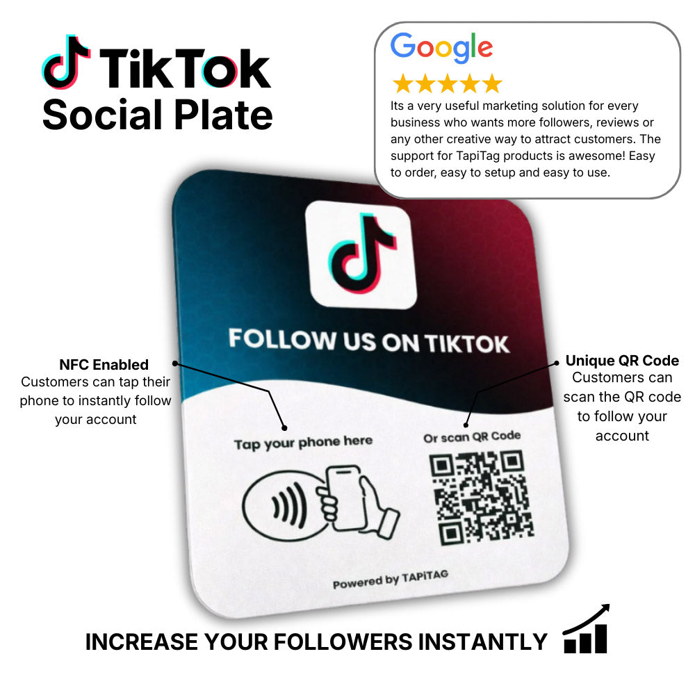 TikTok Social Plate with NFC and QR Code features on a white background