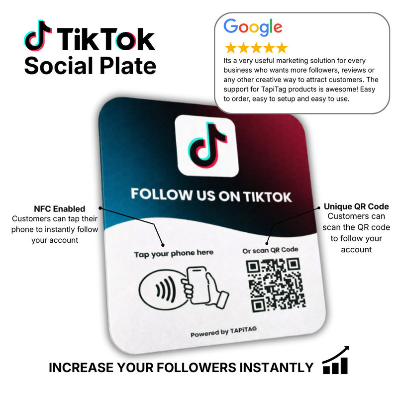 TikTok Social Plate with NFC and QR Code features on a white background
