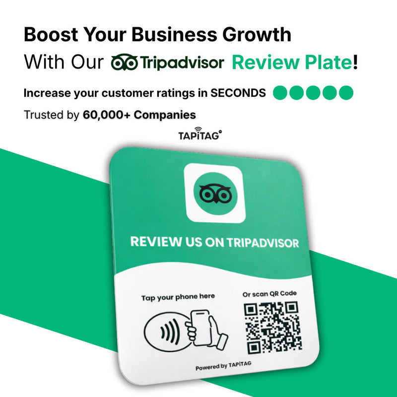 Promotional graphic for a TripAdvisor review plate with QR code on a green and white background.