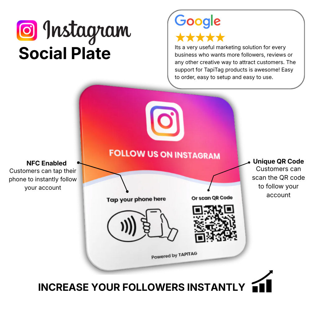 Instagram-themed social plate with NFC and QR code features, branded with Taptag.