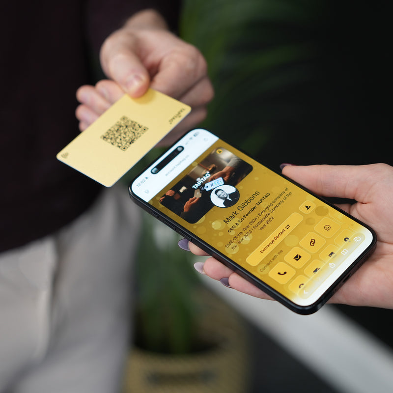 TAPiTAG Gold Digital Business Card Tapping an iPhone & sharing a TAPiTAG Profile to make a connection