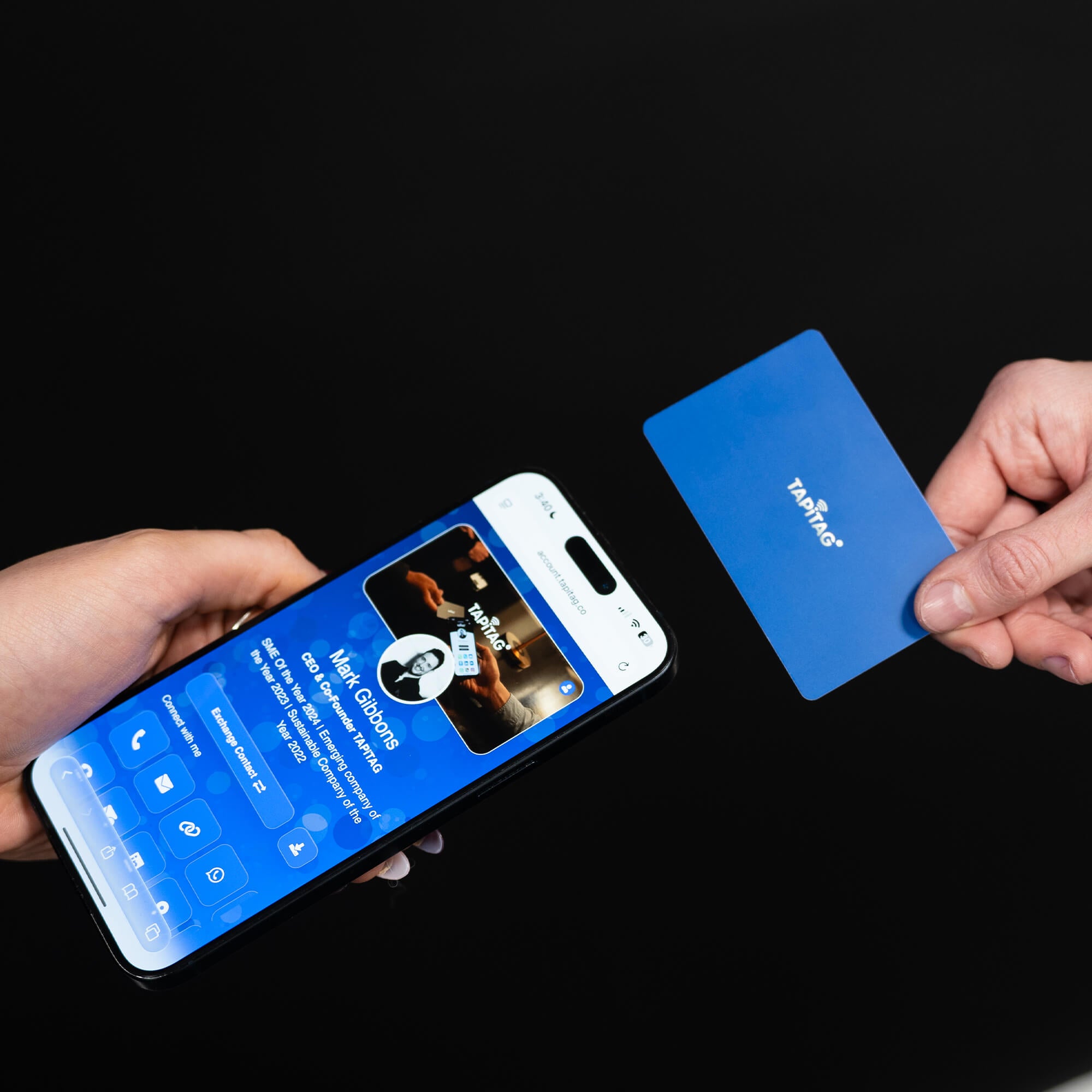TAPiTAG Blue Digital Business Card Tapping an iPhone & sharing a TAPiTAG Profile to make a connection