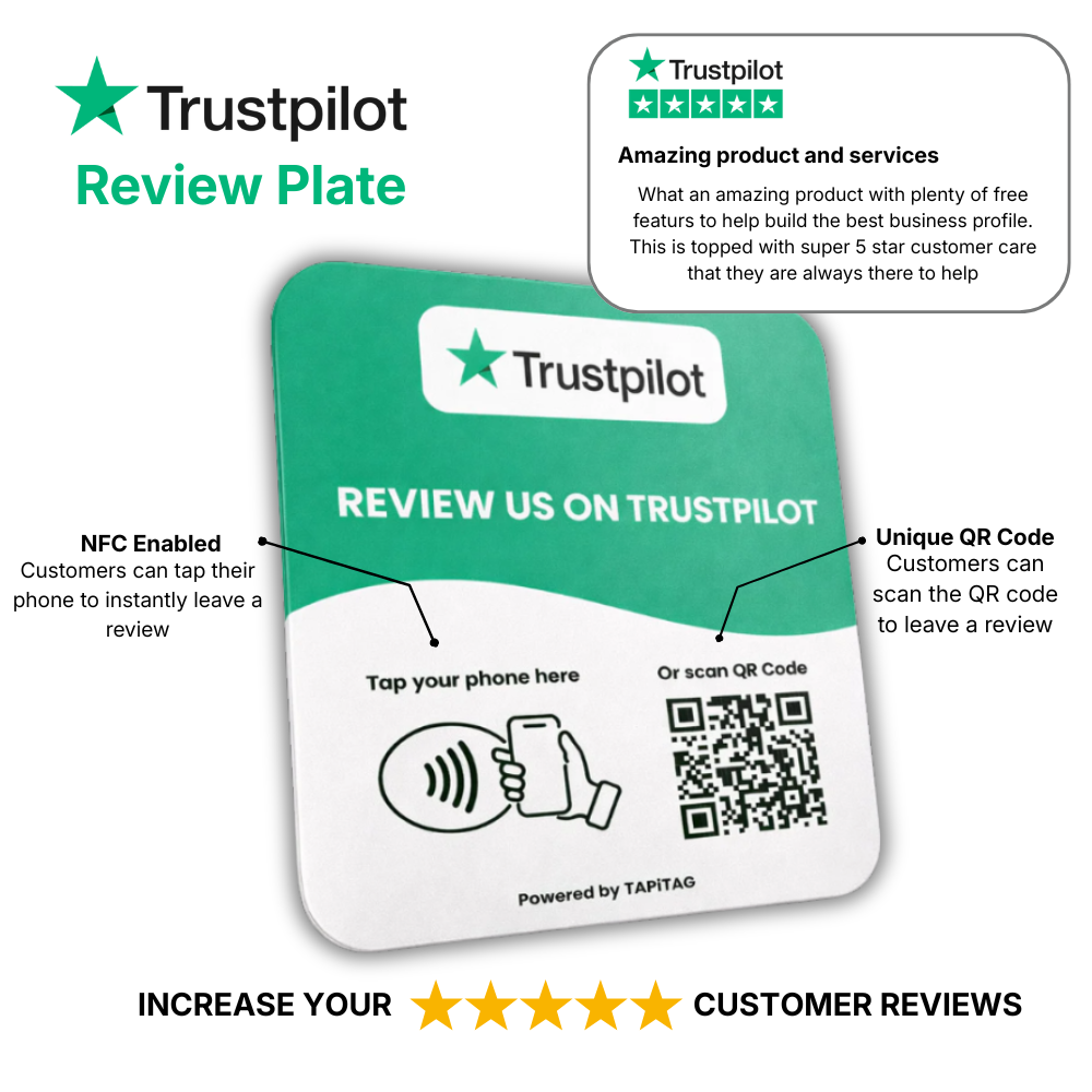 Trustpilot review plate with NFC and QR code features on a white background