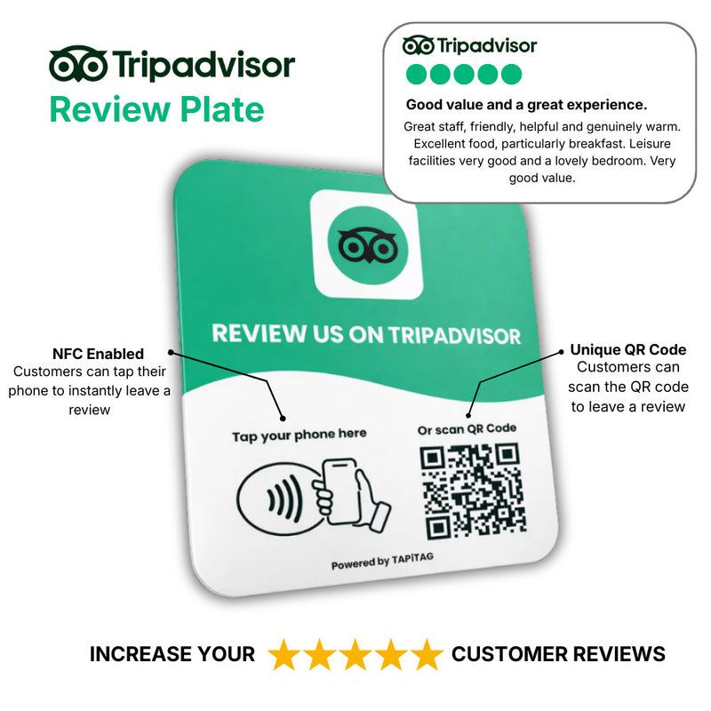 Tripadvisor review plate with NFC and QR code features on a white background