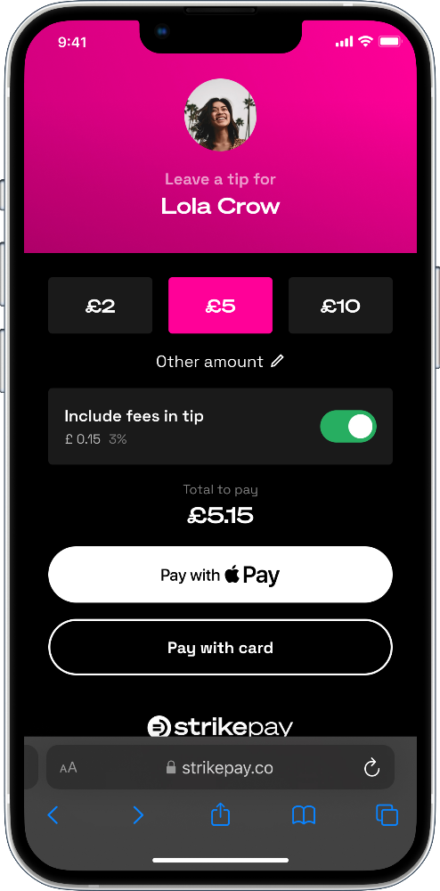 Phone screen showing a tipping interface with options to leave a tip for Lola Crow.