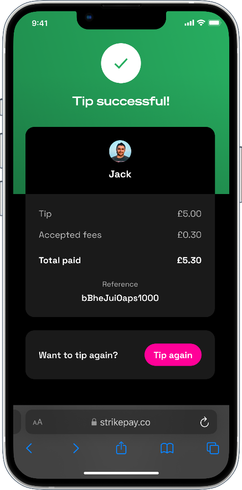 Phone screen showing a tip successful notification with details about the recipient, tip amount, and total paid.