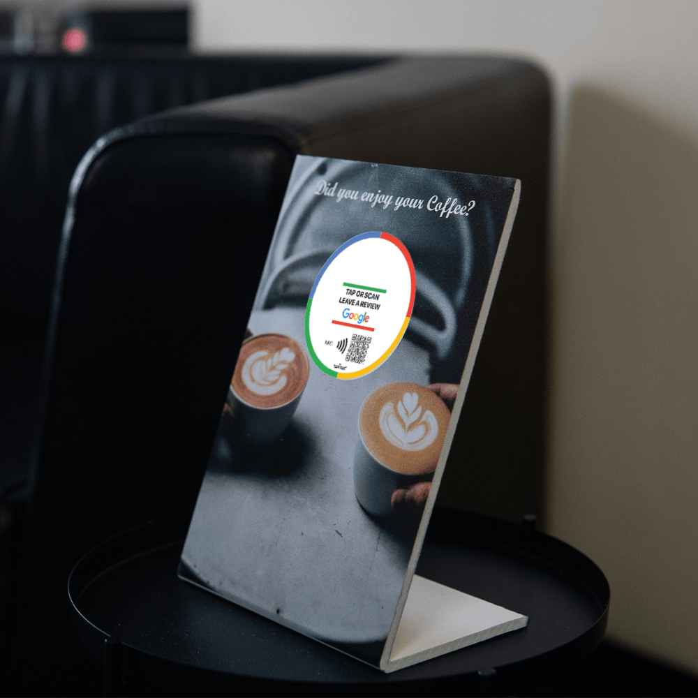 TAPiTAG A5 display stand with coffee PRINT google review