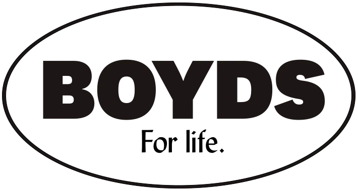 Oval-shaped sticker with 'BOYDS For life.' text on a white background