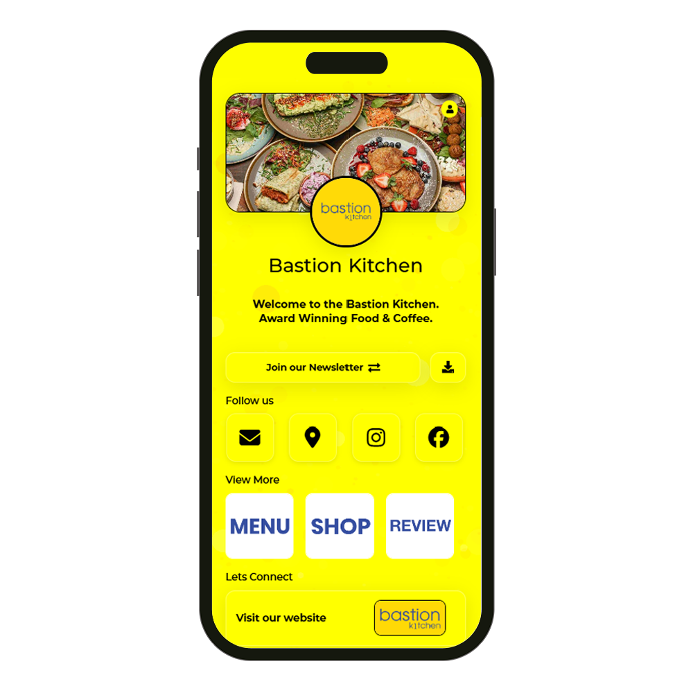 Phone displaying the Bastion Kitchen app interface with food images and branding. TAPiTAG Digital Business Card 