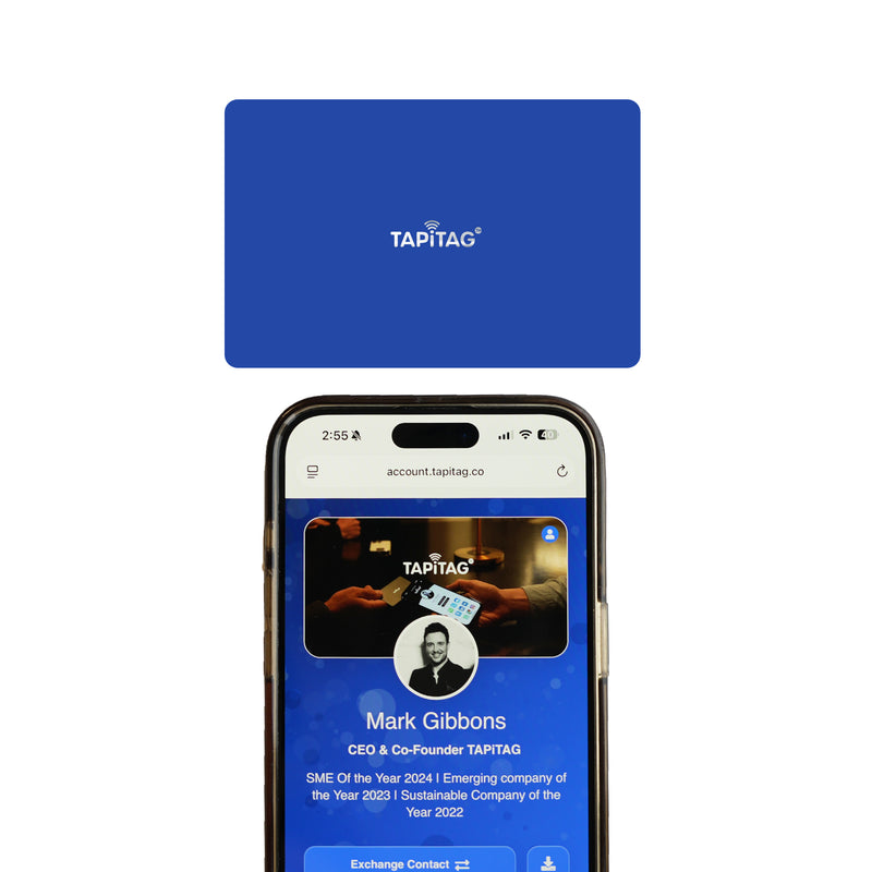 TAPiTAG Blue Digital Business Card Tapping an iPhone & sharing a TAPiTAG Profile to make a connection
