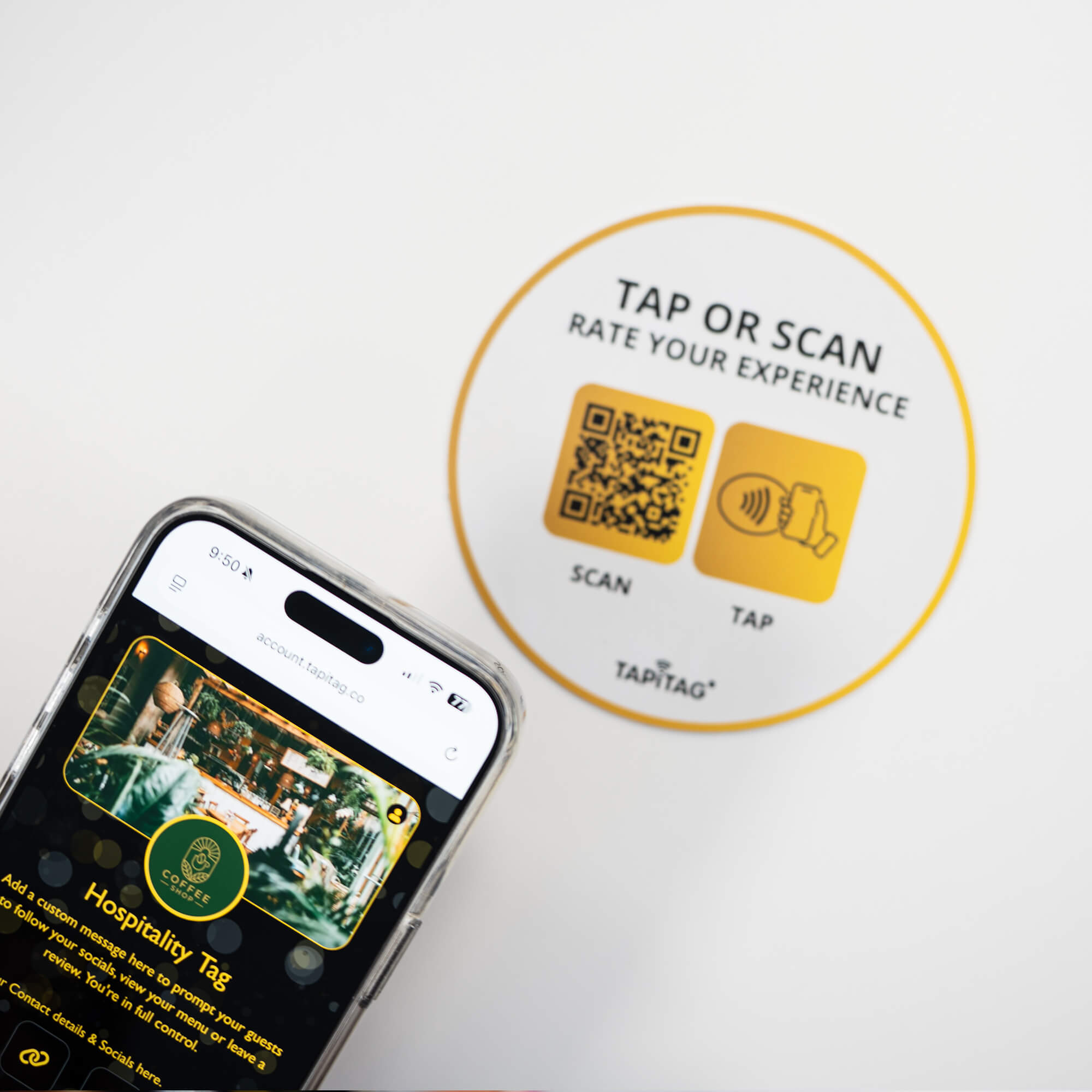 Person tapping TAPiTAG NFC hospitality tag with smartphone to access digital business profile instantly