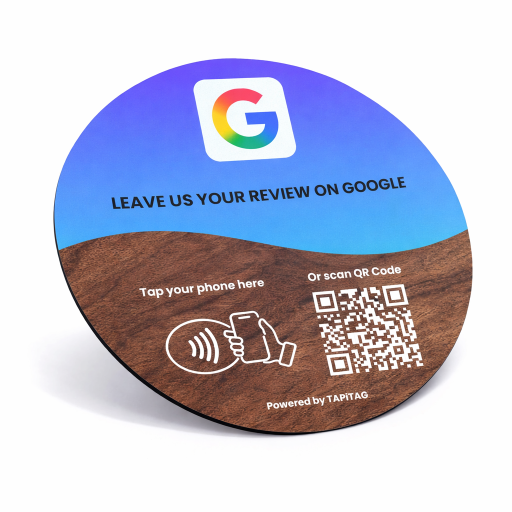 Round wooden coaster with Google logo and QR code for review request on a white background