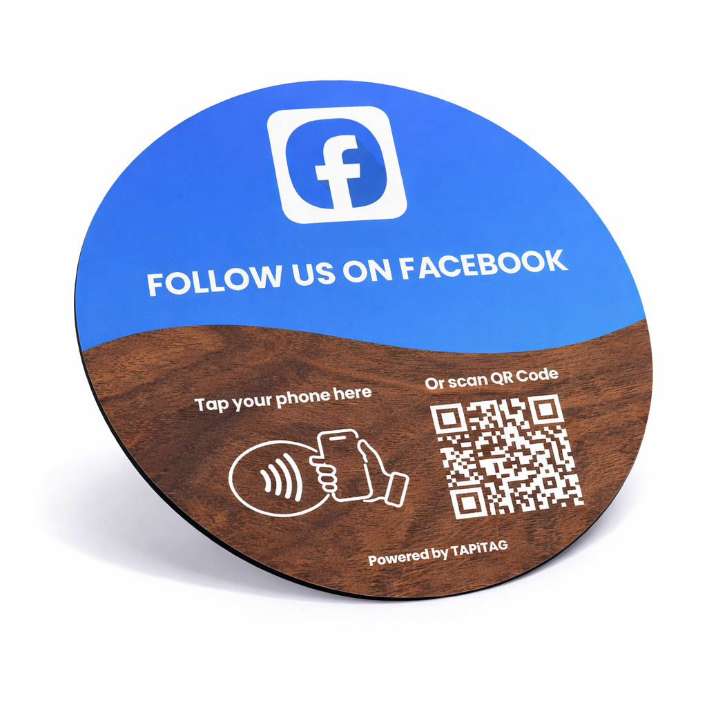 Round wooden coaster with Facebook logo and QR code for following on Facebook