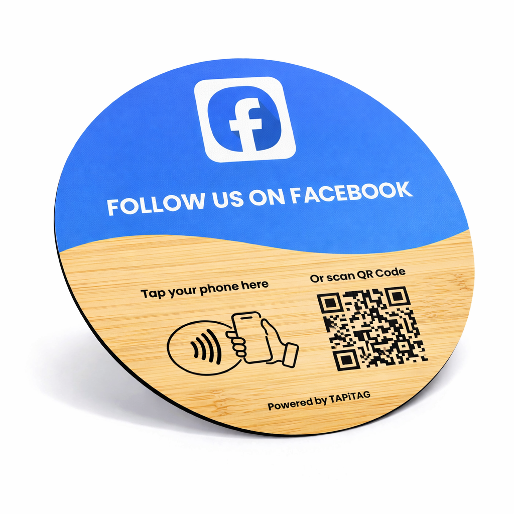 Round wooden and blue sticker with Facebook logo and QR code for following on Facebook.