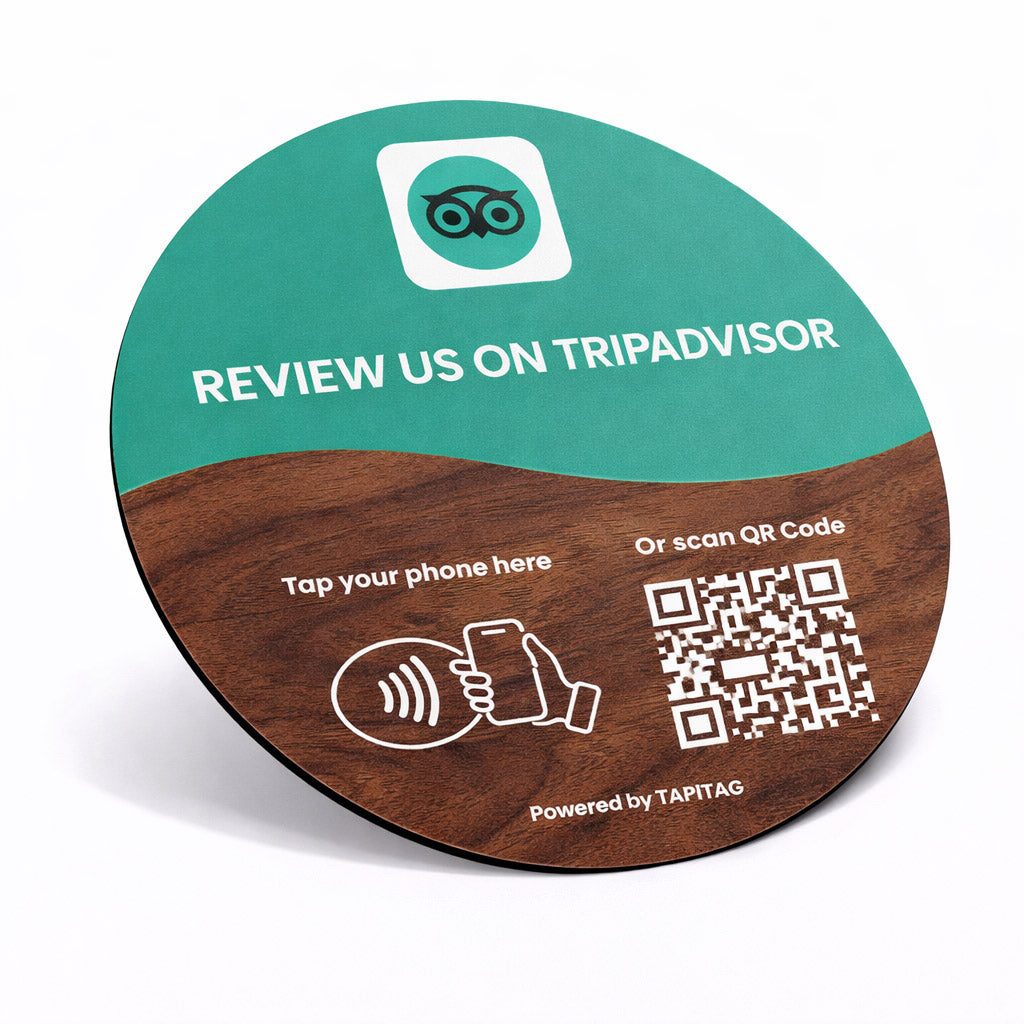 TAPiTAG Circular Walnut NFC TAG with TripAdvisor branding and QR code for following on TikTok.