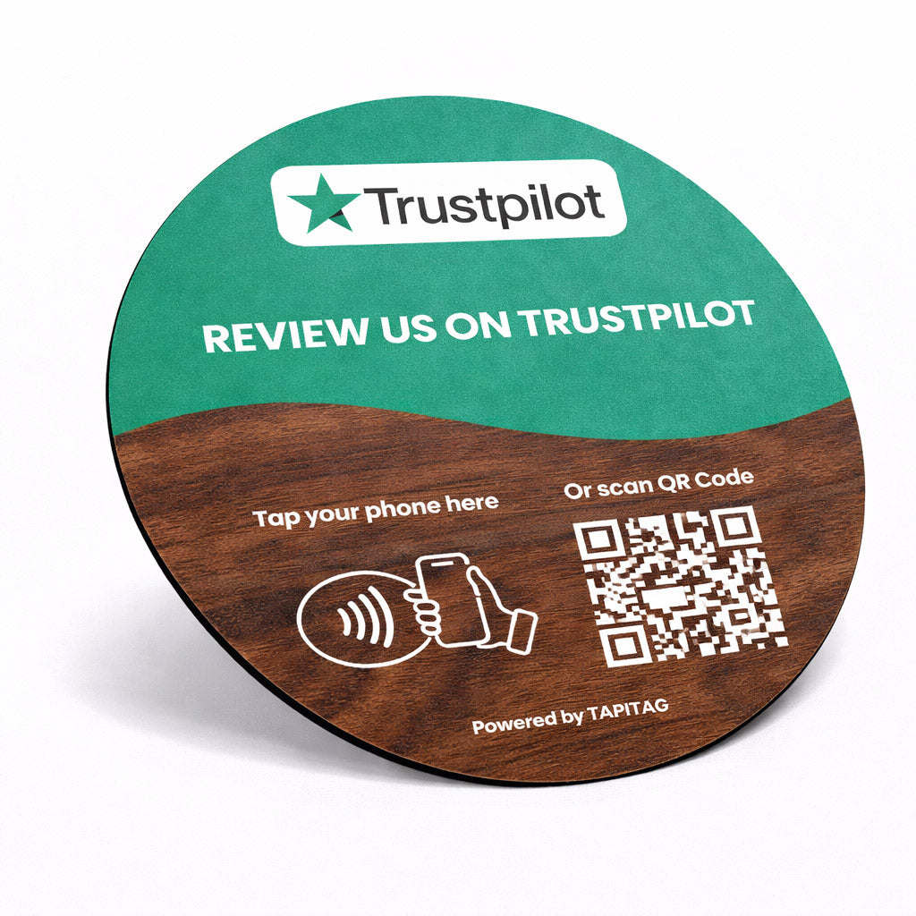 TAPiTAG Circular walnut NFC TAG with Trustpilot branding and QR code for following on TikTok.