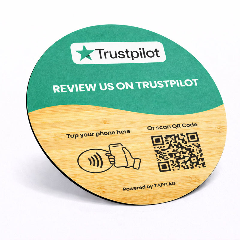 TAPiTAG Circular Bamboo NFC TAG with Trustpilot branding and QR code for following on TikTok.