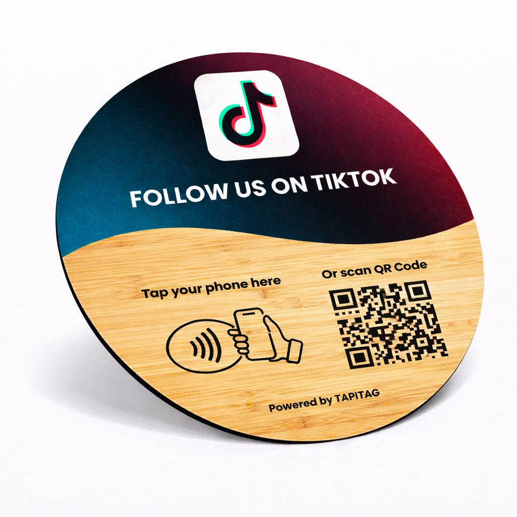 TAPiTAG Circular Bamboo NFC TAG with TikTok branding and QR code for following on TikTok.