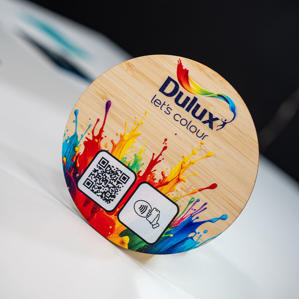 TAPiTAG Bamboo NFC Tag tap or scan QR Code Dulux