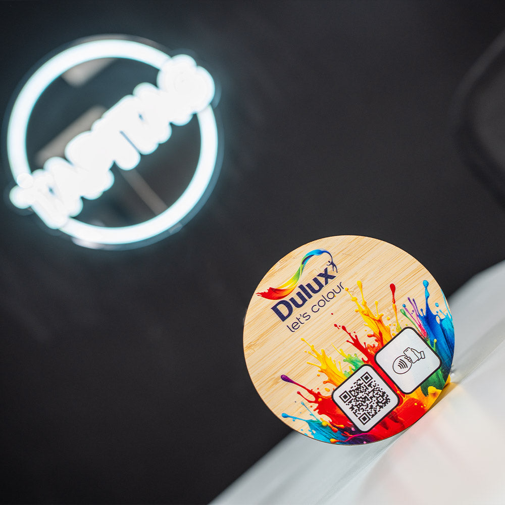 TAPiTAG Bamboo NFC Tag tap or scan QR Code Dulux