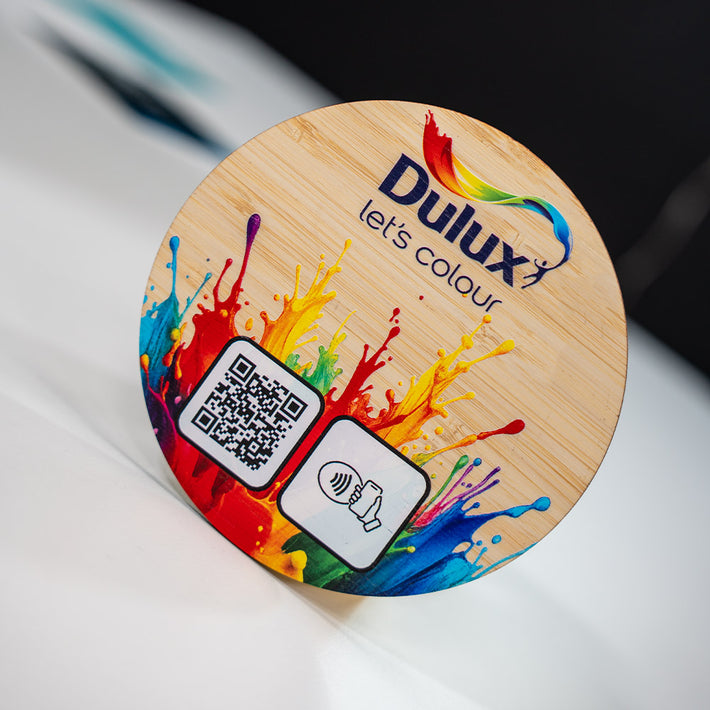 TAPiTAG Bamboo NFC Tag tap or scan QR Code Dulux