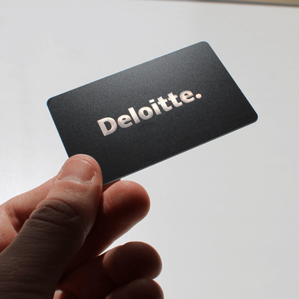 front of black matte pvc smart business card silver print Deloitte