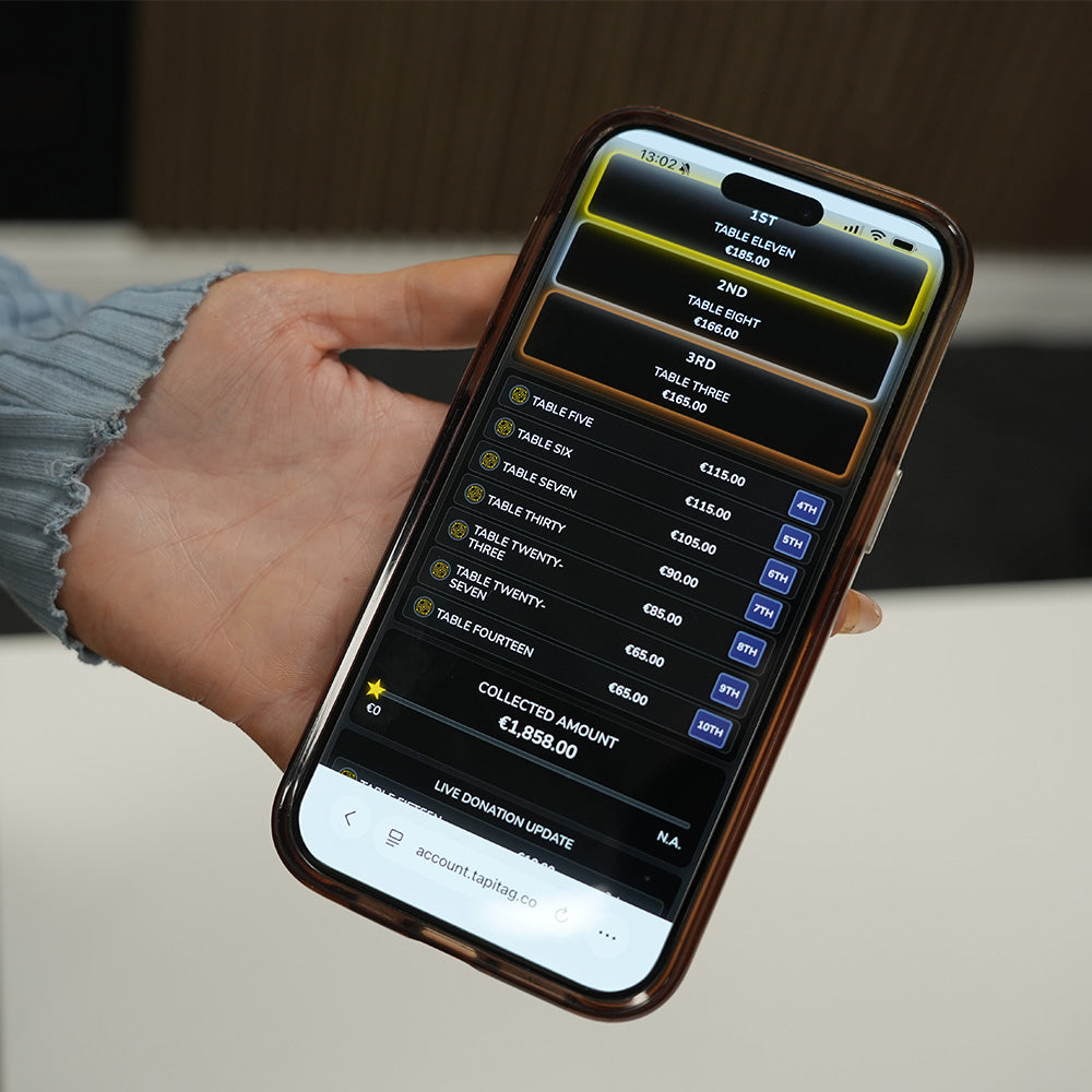 Hand holding a smartphone displaying a fundraising app with table numbers and amounts TAPiTAG Donations