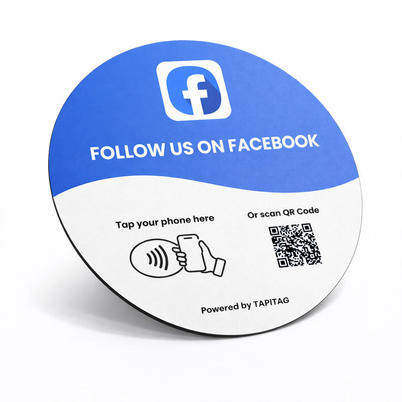 FACEBOOK NFC tap-to-follow plate by TAPiTAG with QR code, allowing customers to tap or scan to instantly follow a business on FACEBOOK, displayed on a white counter.