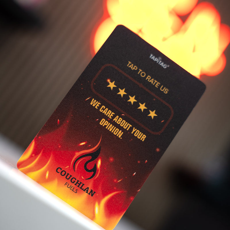 TAPiTAG Google Review Card for Coughlan Fuels product with fiery design and logo on a dark background - nfc & qr code