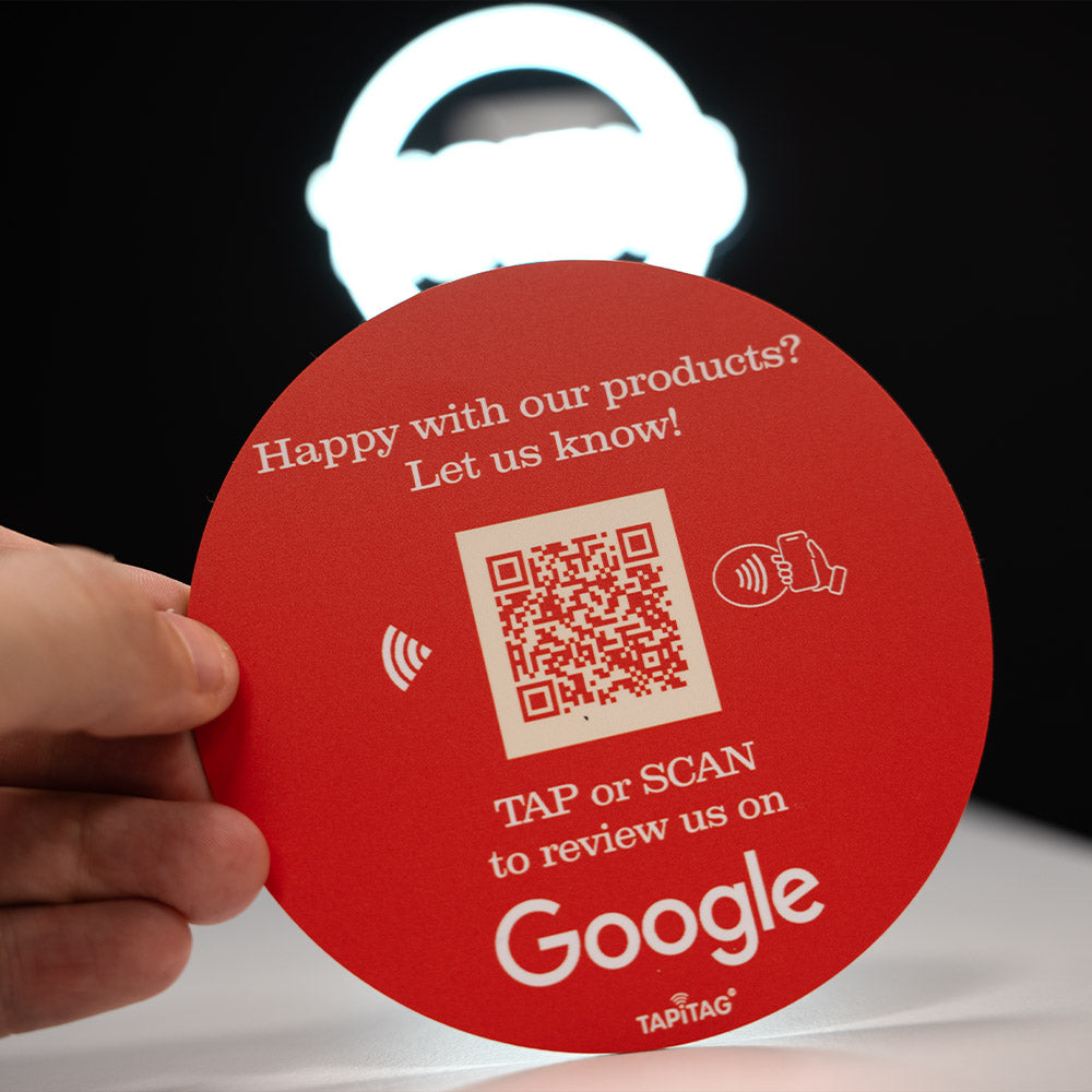 Custom Design TAPiTAG with NFC TAG & QR Code. Designed in TAPiTAG Studio. Tag links direct to Google Reviews - TAPiTAG google review tag.