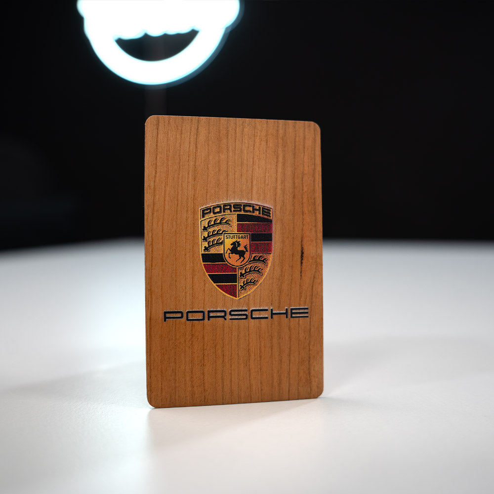 Cherry Wooden Digital Business Card, also known as an NFC Business Card with Porsche Logo 