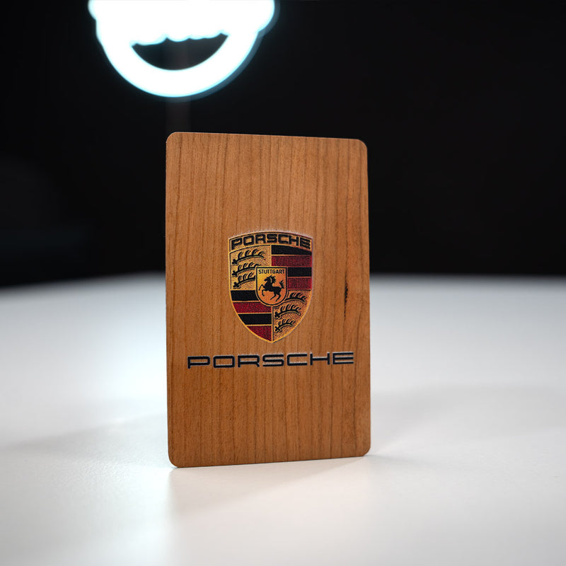 Cherry Wooden Digital Business Card, also known as an NFC Business Card with Porsche Logo 
