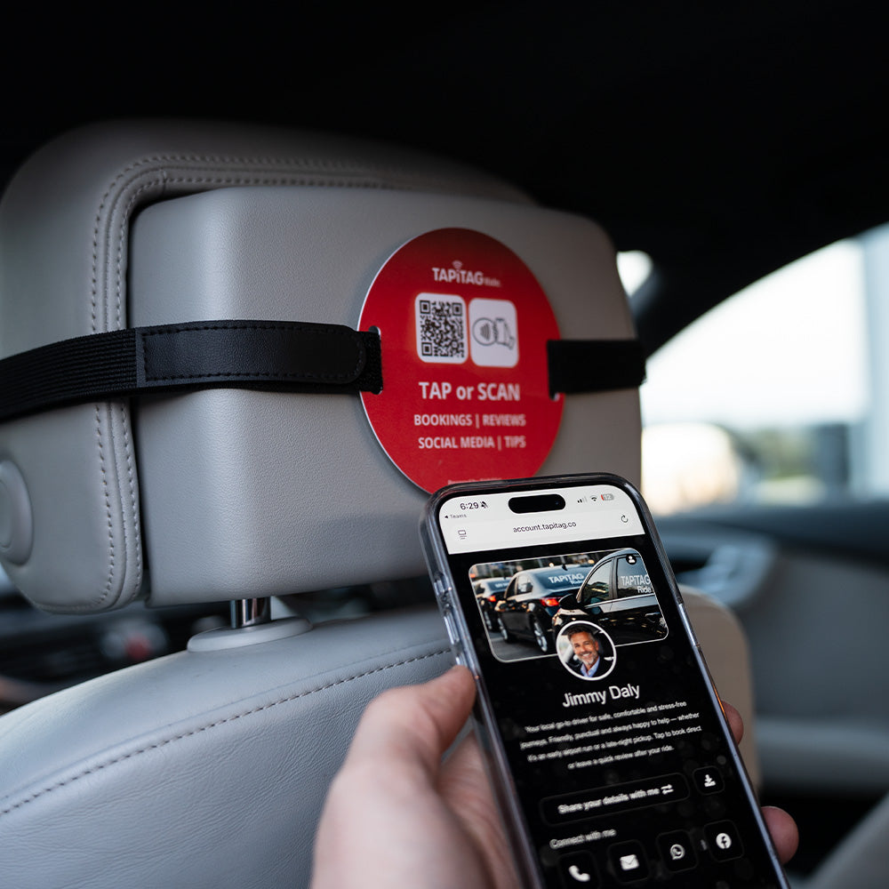 TAPiTAG Ride NFC tag attached to car headrest for contactless bookings, reviews, social media and tips via tap or QR scan