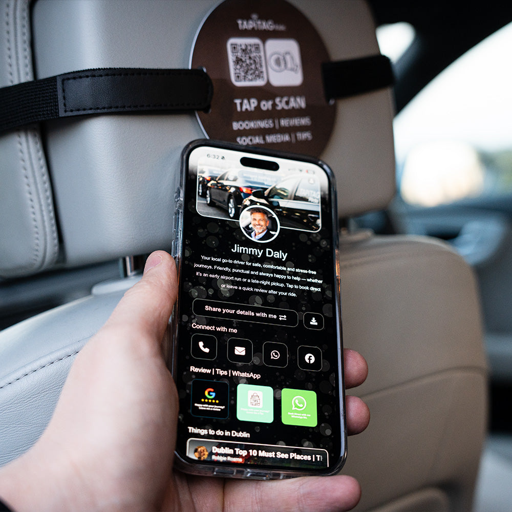 TAPiTAG Ride NFC tag attached to car headrest for contactless bookings, reviews, social media and tips via tap or QR scan