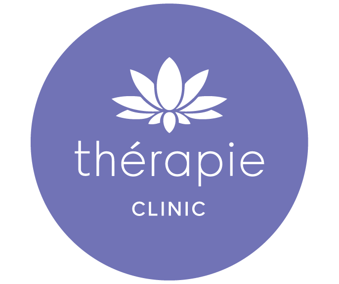 Logo of thérapie CLINIC with a white flower design on a purple circle background