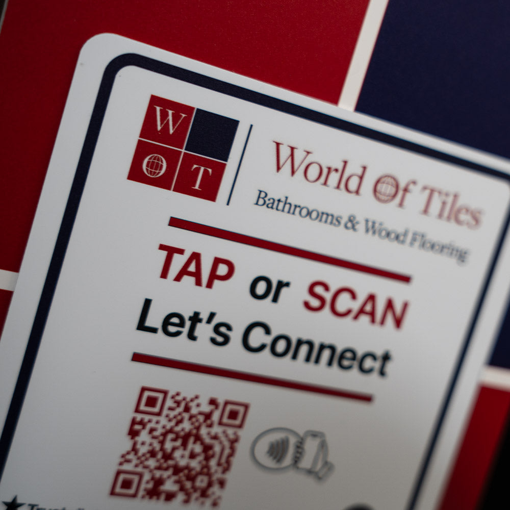 World of Tiles promotional card with QR code and contact information