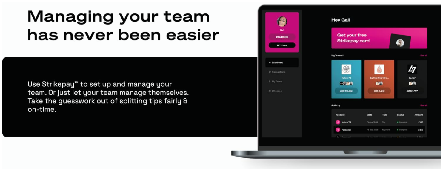 Laptop displaying strikepay software interface with text about team management and tip splitting.