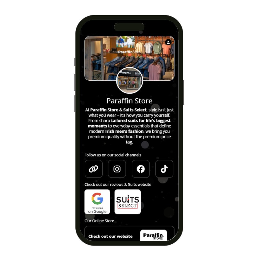 Phone case with Paraffin Store branding and store interior display. TAPiTAG Digital Business Card 